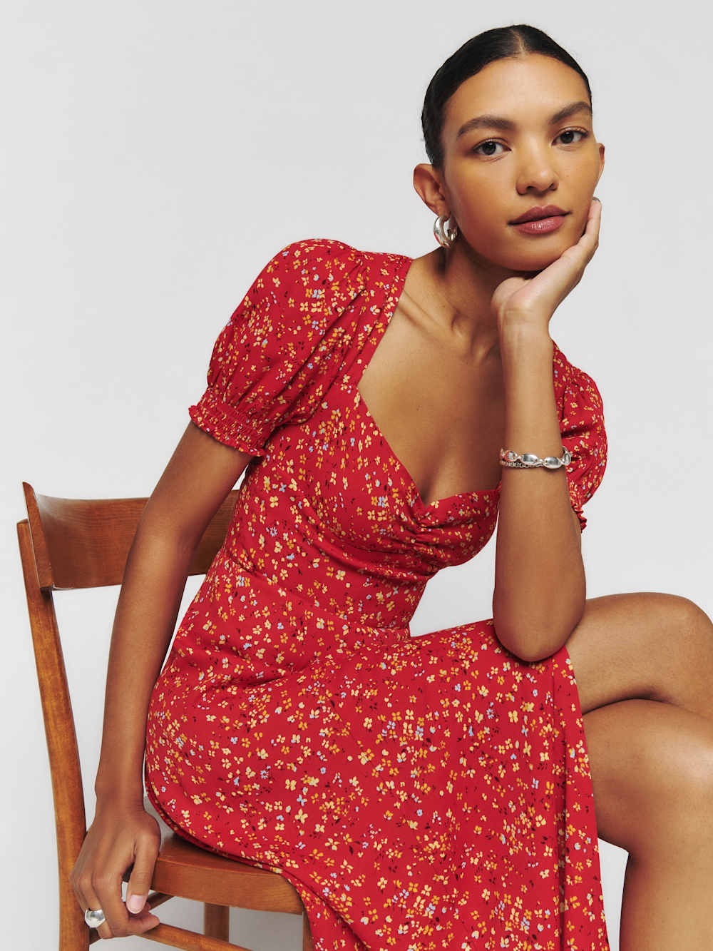 Reformation Red Floral Puff-Sleeve Lacey Midi Dress Size 0 Summer Wedding Garden